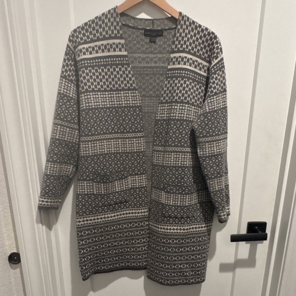 Vintage SEARS Simply Styled Gray Geometric Cardigan Sweater Long Sleeve XL Knit